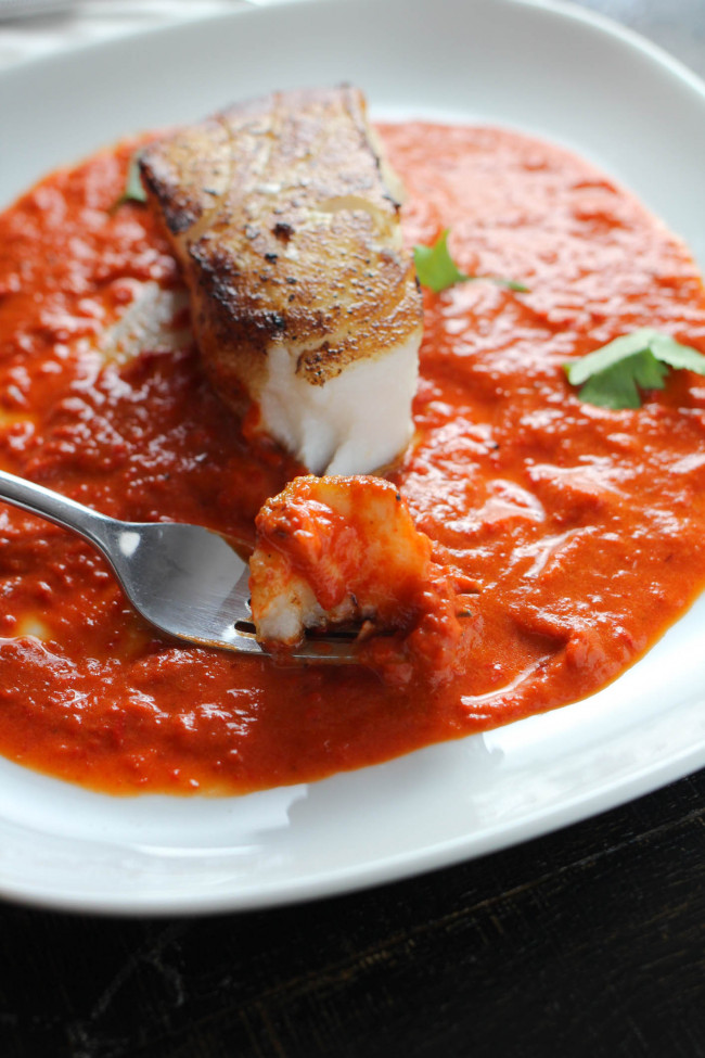 PAN ROASTED CHILEAN SEA BASS WITH ROASTED RED PEPPER SAUCE