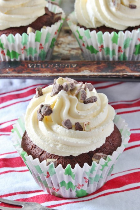 Chocolate Cupcakes with White Chocolate Peppermint Frosting {gf}