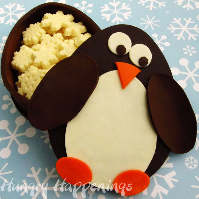 Chocolate Penguin Box filled with White Chocolate Snowflakes