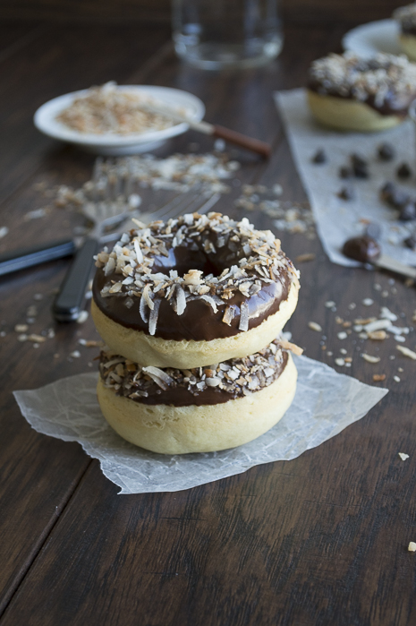 Coconut Donuts Topped with Chocolate Ganache and Toasted Coconut