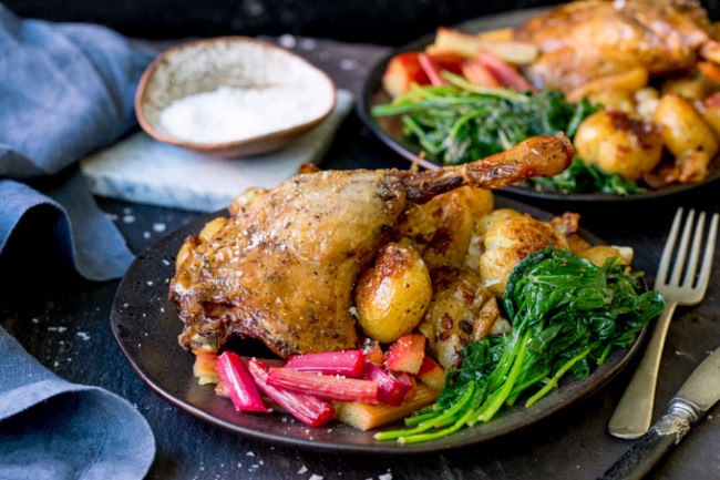 Duck Confit With Roasted Rhubarb
