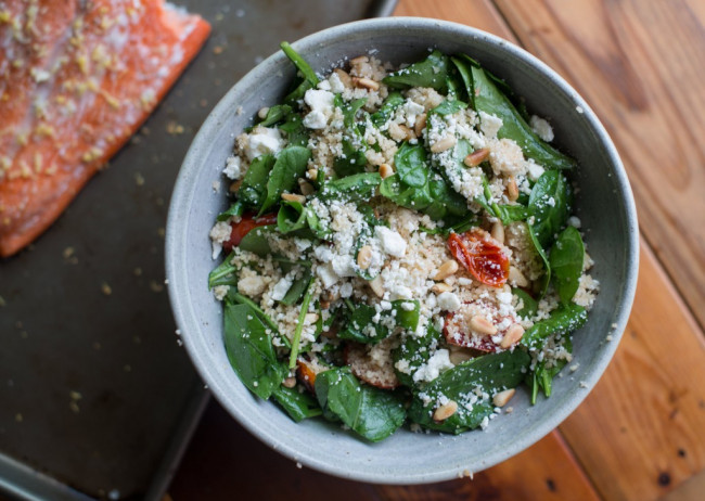 Slow Baked Salmon and Spinach CousCous Salad