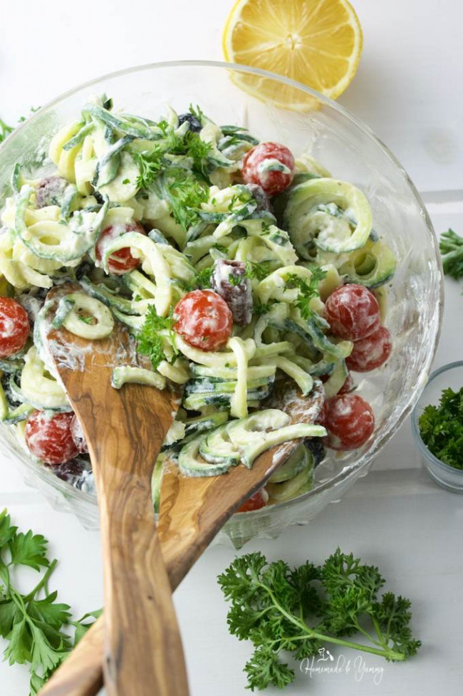 Creamy Goat Cheese Greek Zoodle Salad