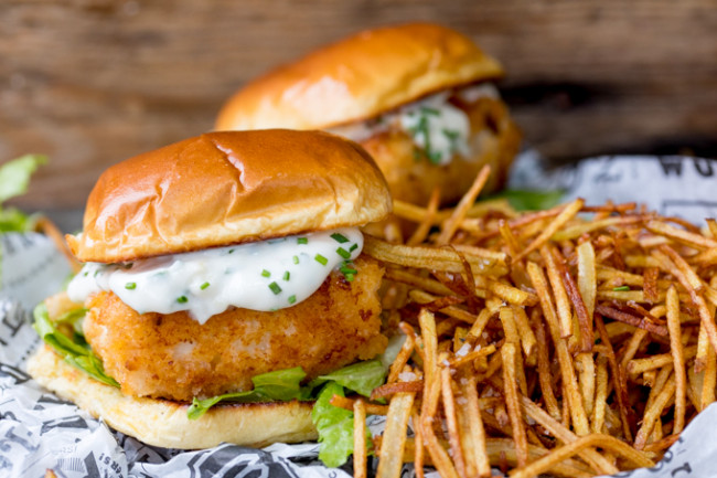 Fish burger with shoestring fries