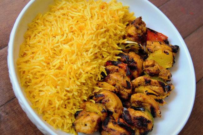 Chicken Kabobs And Yellow Rice  On The Grill