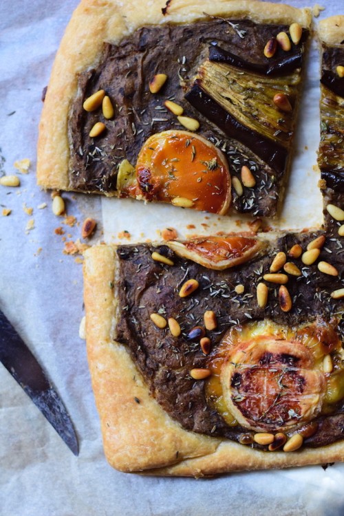 fine pastry eggplant tart with thyme and goat cheese 