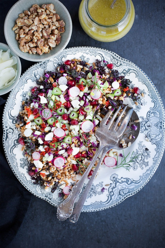 Mediterranean Farro Salad With Toasted Walnut Caper Vinaigrette