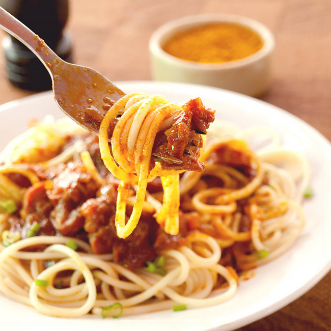Spaghetti With Currywurst Sa
