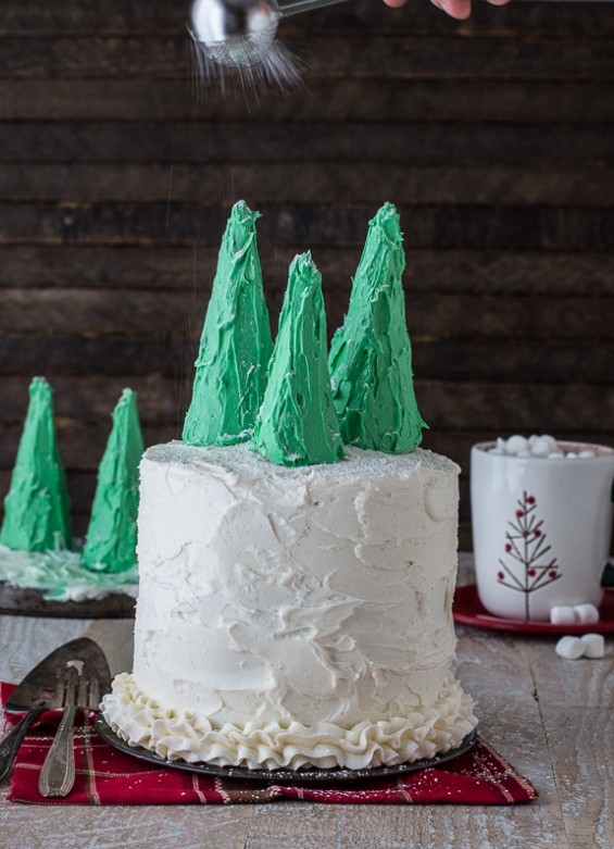 Gingerbread Cake topped with Snowy Trees
