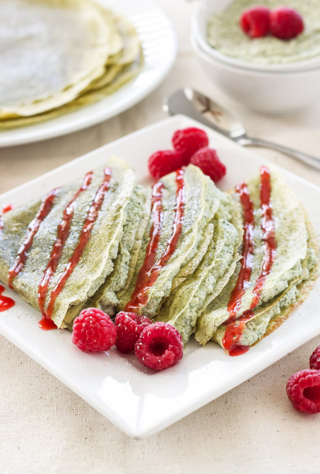 GREEN TEA CREPES WITH MATCHA RICOTTA FILLING & RASPBERRY SAUCE