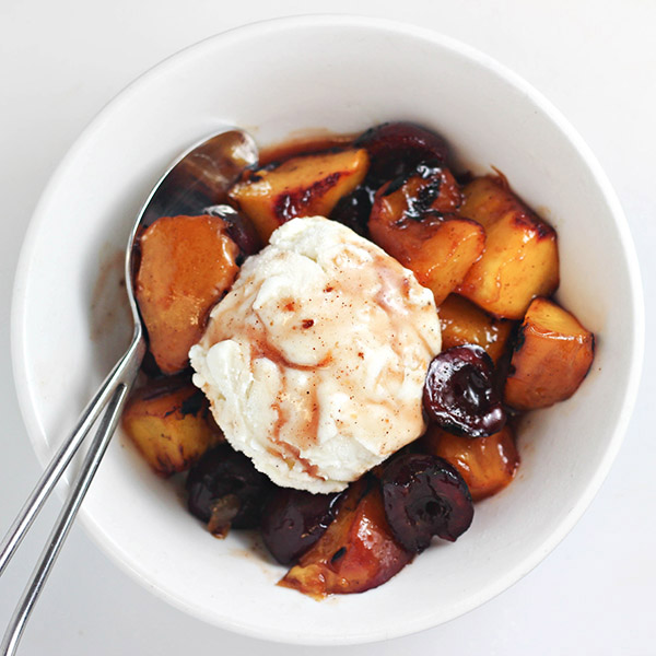 Grilled Peaches and Cherries with Cinnamon-Honey Syrup