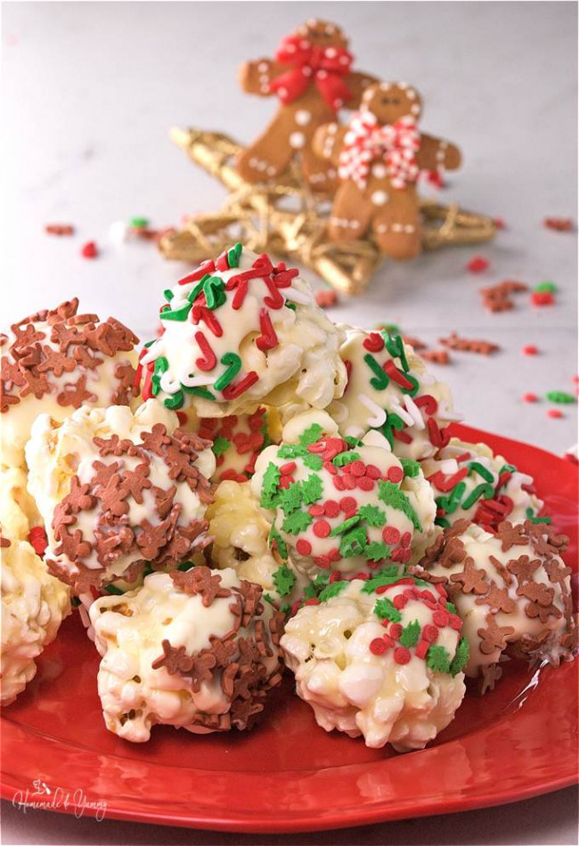 Holiday White Chocolate Mini Popcorn Balls