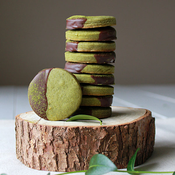 Chocolate Dipped Matcha Shortbread Cookies