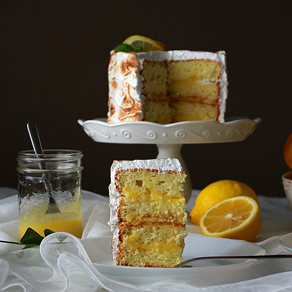 Lemon chiffon cake with lemon curd filling and toasted meringue frosting