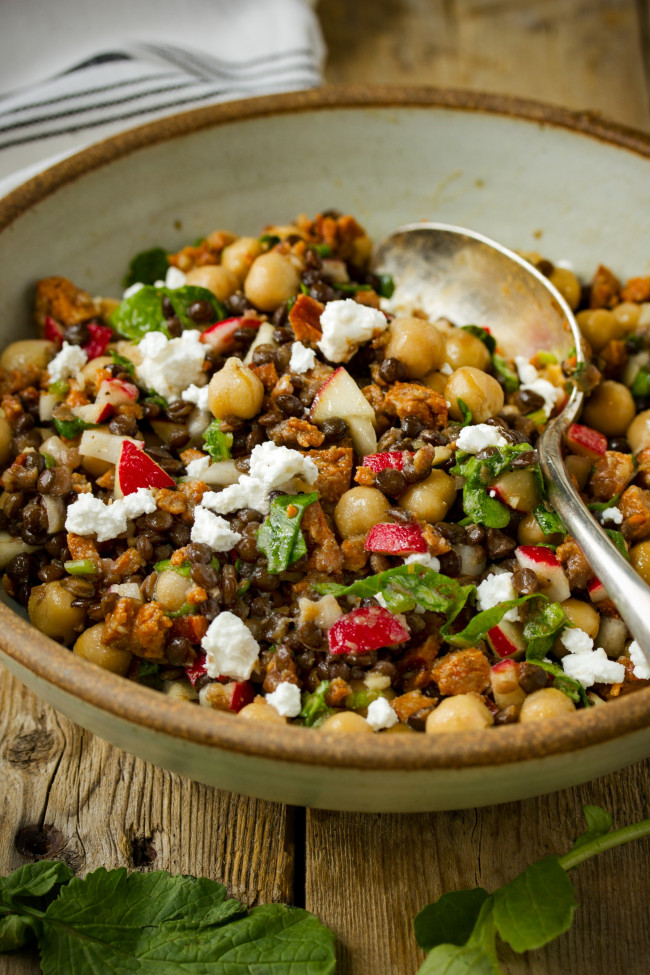 Chickpea And Black Lentil Salad With Andouille Sausage And Radish