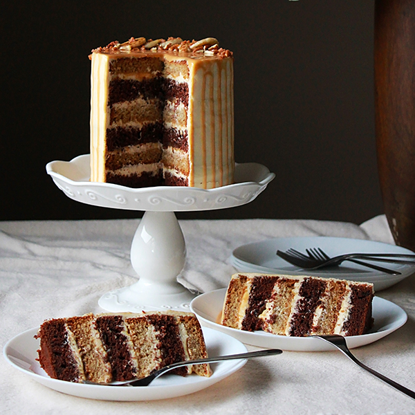 Banana chocolate cake with dulce de leche cream cheese frosting