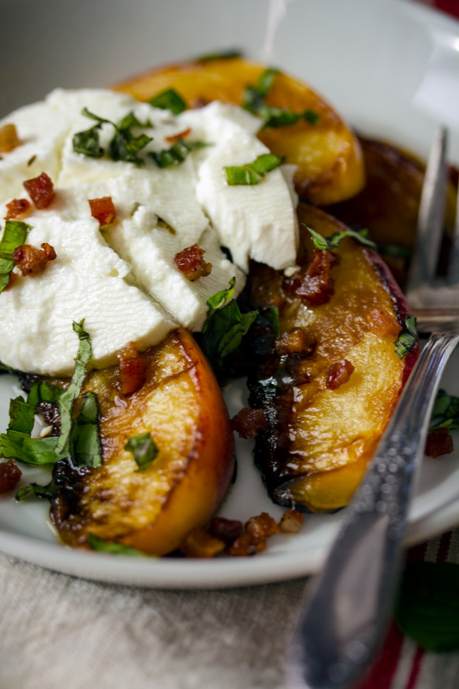 Pan-Seared Peaches with Goat Cheese, Pancetta and Balsamic