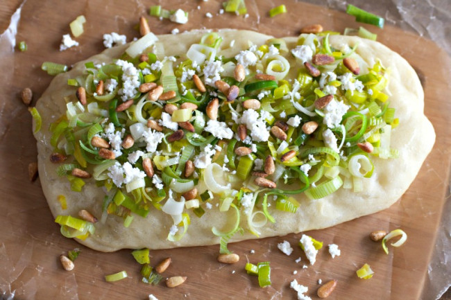 Leek Focaccia with Feta and Toasted Pine Nuts