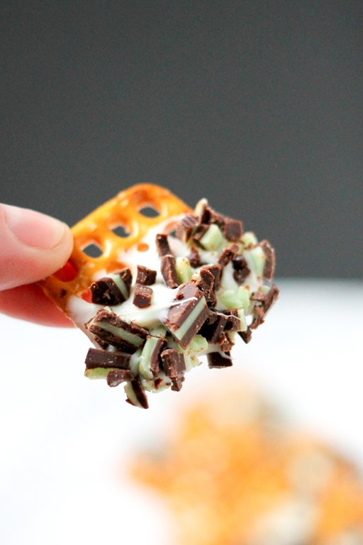 Mint Chocolate Dipped Pretzels - Just Us Four