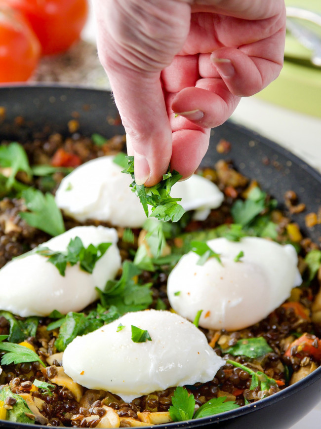 Poached Eggs and Lentil Hash