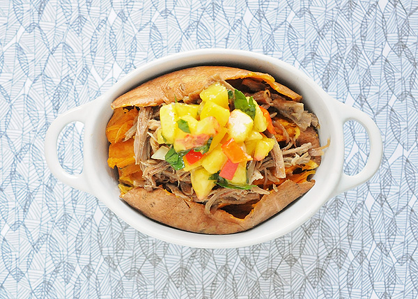 pulled pork and peach salsa topped sweet potato