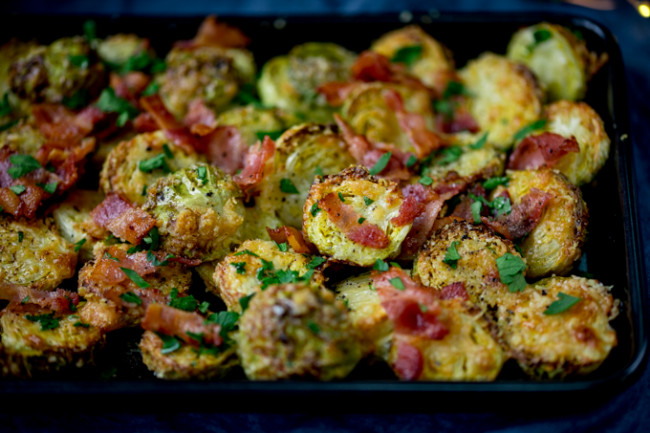 Baked Parmesan Sprouts with Bacon