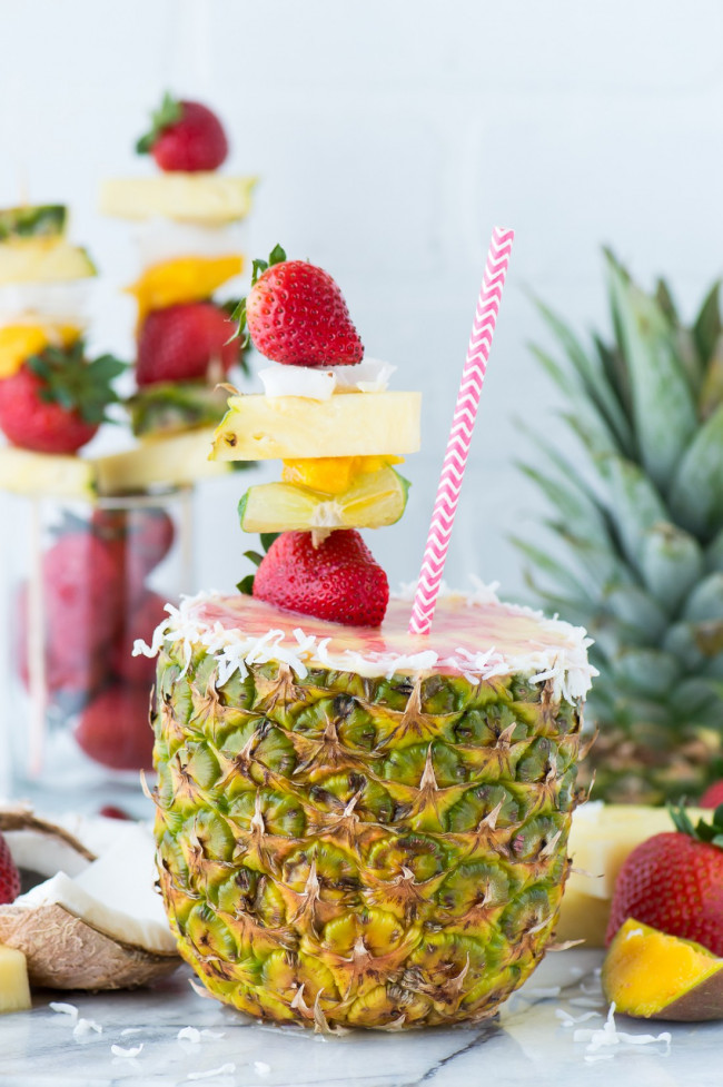 Pineapple Strawberry Smoothie in a Pineapple Cup