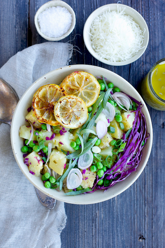 French Tarragon Shallot Potato Salad with Charred Lemon