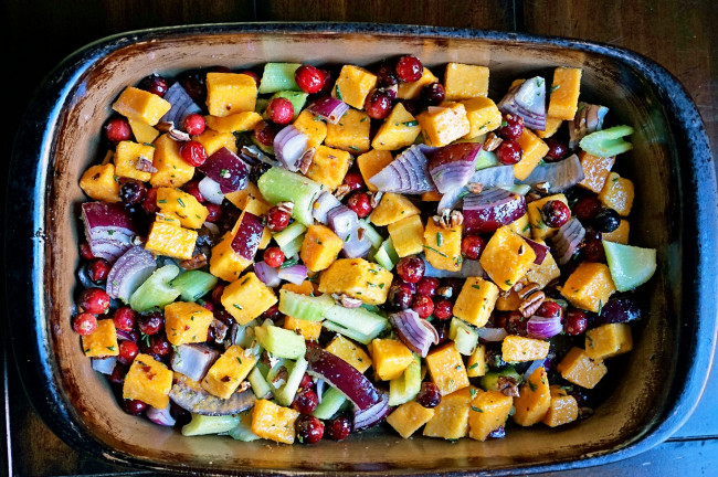Roasted Butternut Squash, Cranberries and Celery with Pecans, Rosemary and Lime