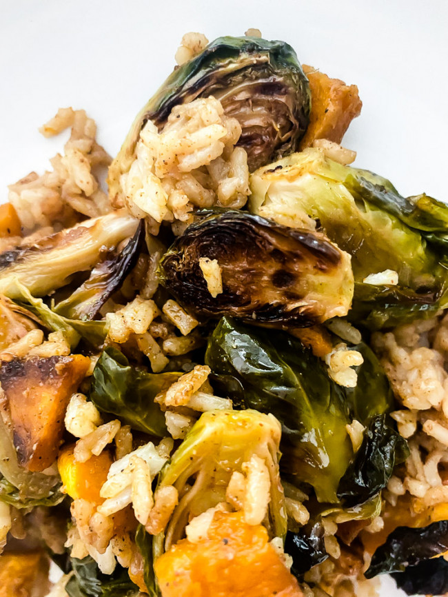 Warm Rice Salad with Spicy Roasted Brussels Sprouts and Butternut Squash