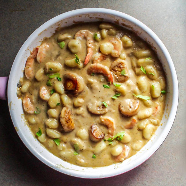 Shrimp and Scallop Gnocchi in a Lightened-Up Creamy Garlic Sauce