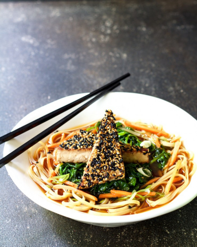 Sesame Tofu with Spinach and Rice Noodles in Ginger Broth