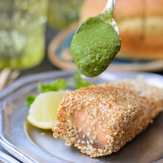 Pan Fried Sesame Coated Salmon with Coriander Relish