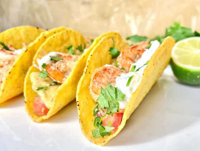 Shrimp Tacos With Avocado, Grapefruit, And Creamy Cilantro Sauce