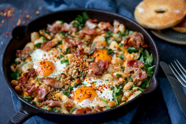 Spicy Egg Breakfast With Smashed Beans And Pancetta