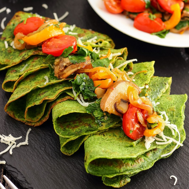 Spinach Crepes with Pan-Roasted Vegetables