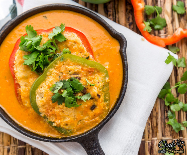 Potato & Paneer Stuffed Bell Peppers In Tomato Curry