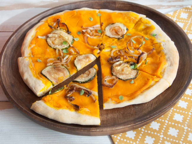 Vegan Pumpkin Pizza With Zucchini And Caramelized Onions