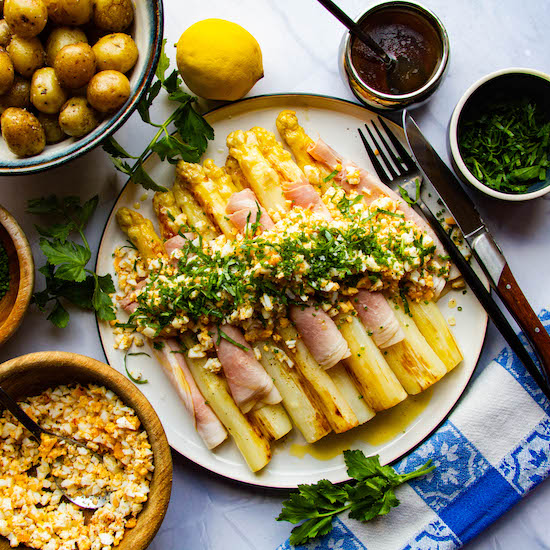 White Asparagus With Brown Butter, Ham And Egg