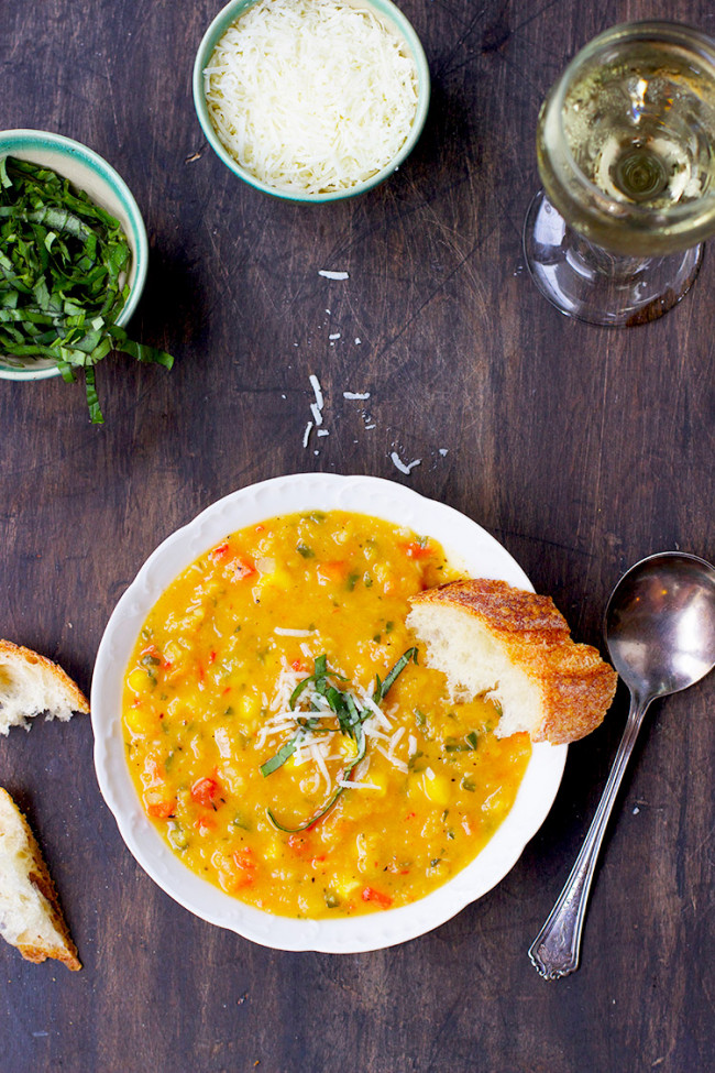 Yellow Split Pea Basil Soup with Roasted Red and Yellow Peppers