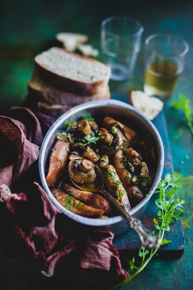 Mushroom And Sausage In Garlic Wine Sauce