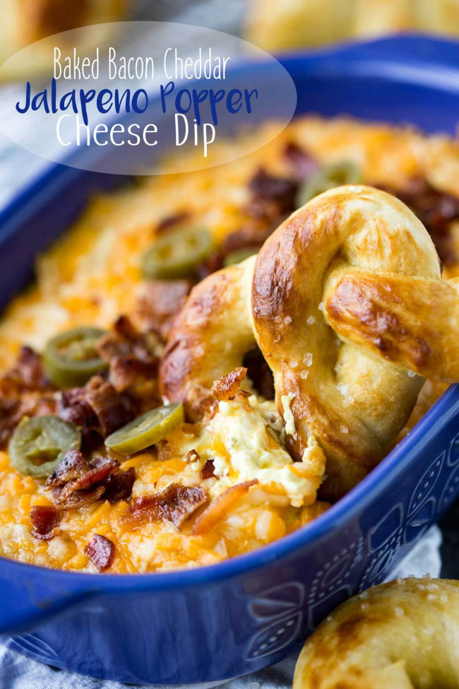 Baked Bacon Cheddar Jalapeno Popper Cheese Dip with Buttery Soft Pretzels