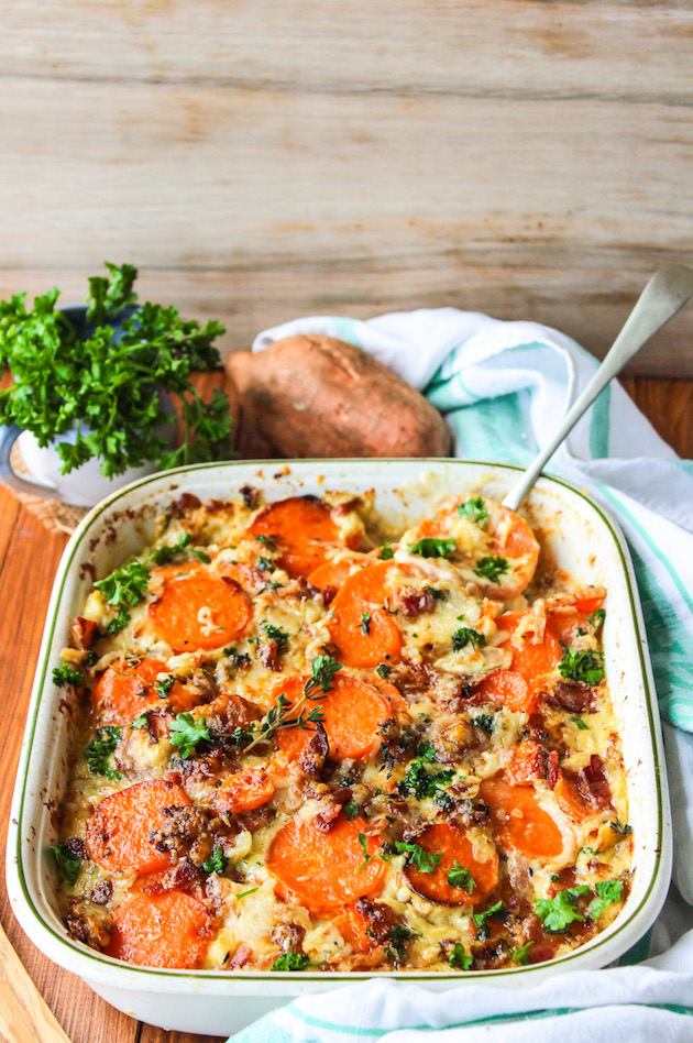 Scalloped Sweet Potatoes with Bacon & Herb Sauce