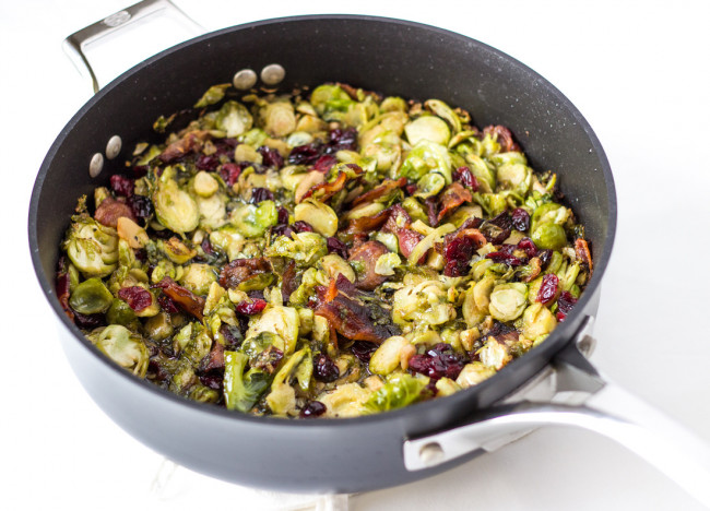 Pan-fried brussels sprouts with bacon and cranberries | savorytooth.com