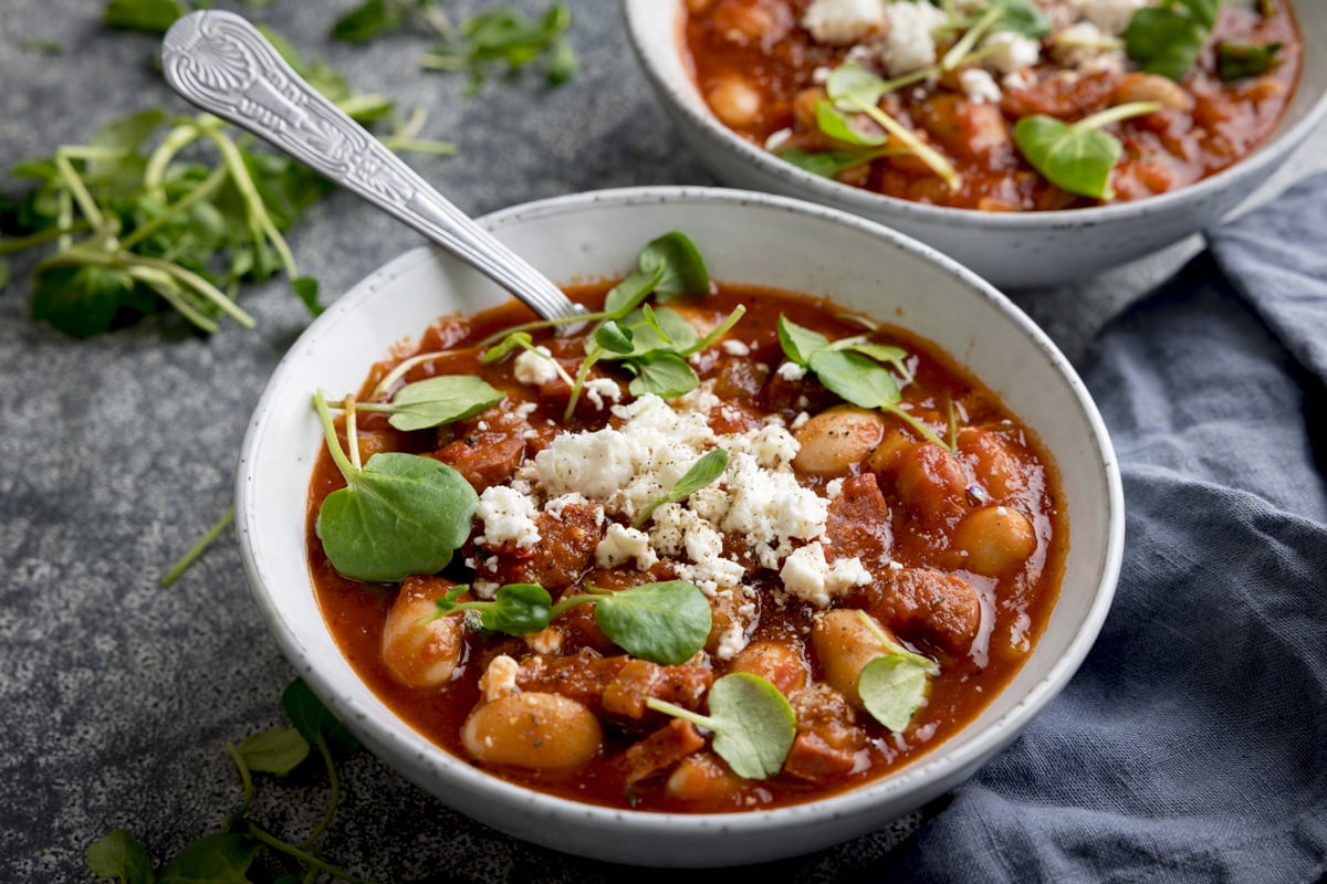 Butterbean And Chorizo Soup With Feta And Watercress