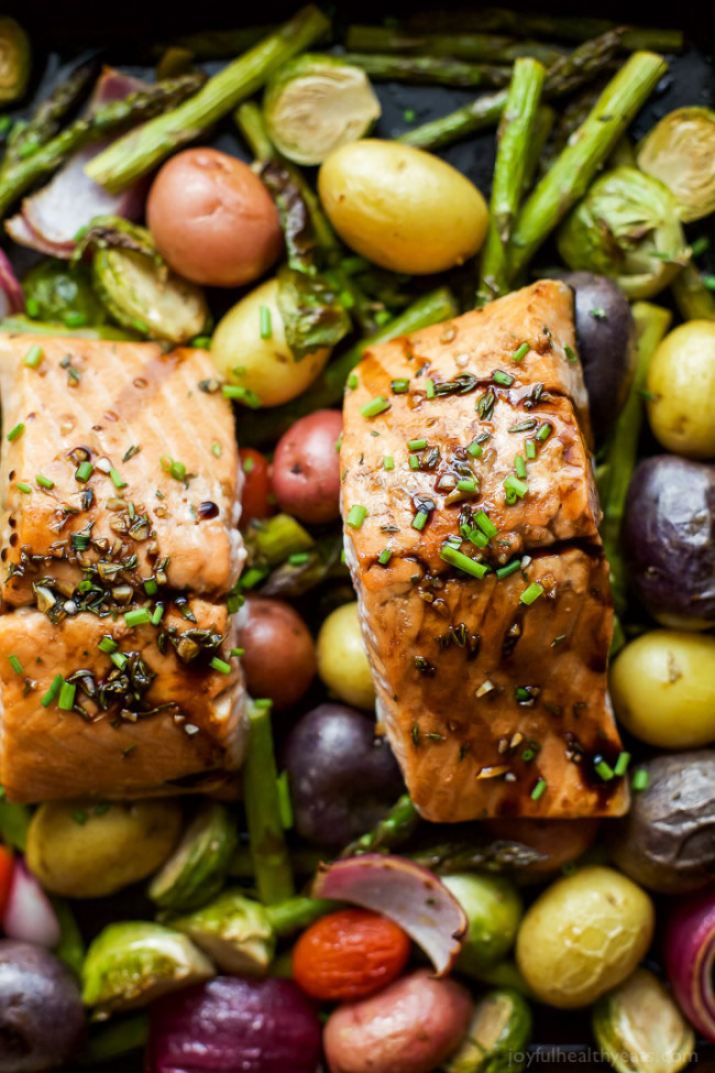 Sheet Pan Balsamic Salmon With Asparagus & Brussels Sprouts