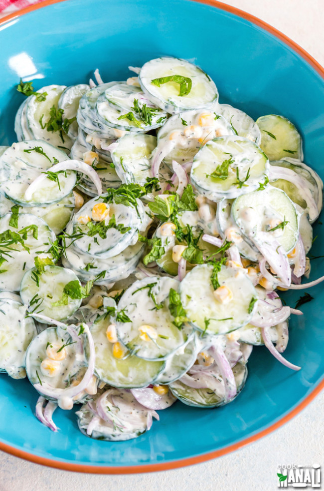 Creamy Cucumber Salad With Onion & Corn