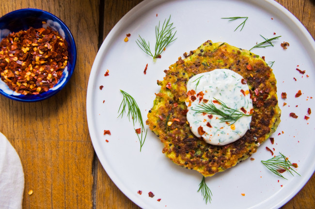 Protein Packed Hemp & Zucchini Fritters with Maple Yoghurt Sauce
