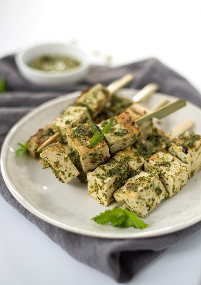 Grilled Tofu Kebobs With Mint Pesto