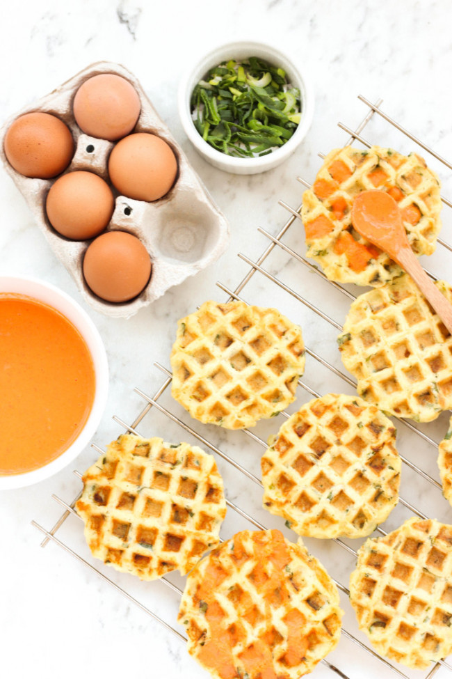 Mashed Potato and Spring Onion Waffles with Roasted Red Pepper Sauce